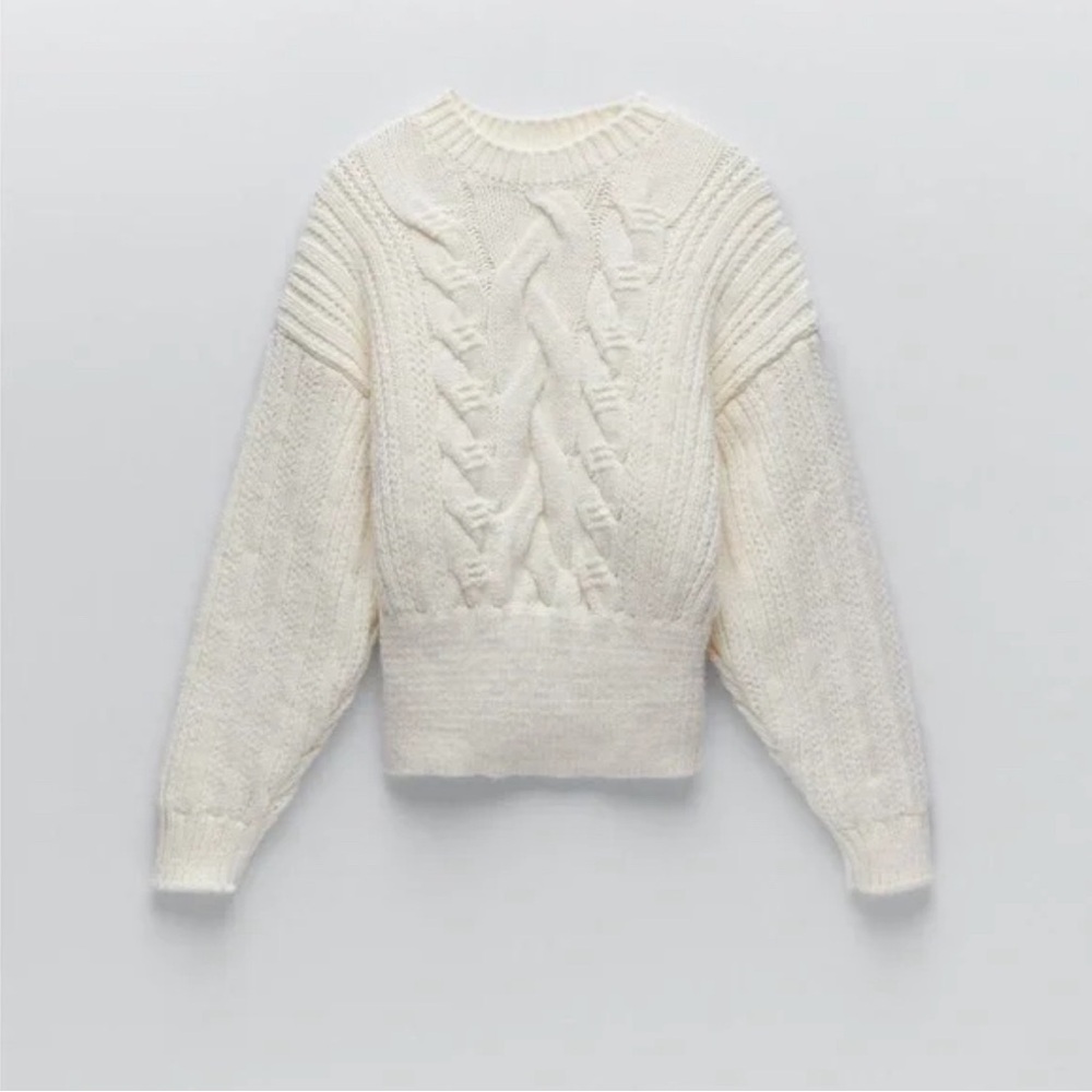 ZARA Cream Cable Knit Mock Neck Fitted Hem Sweater